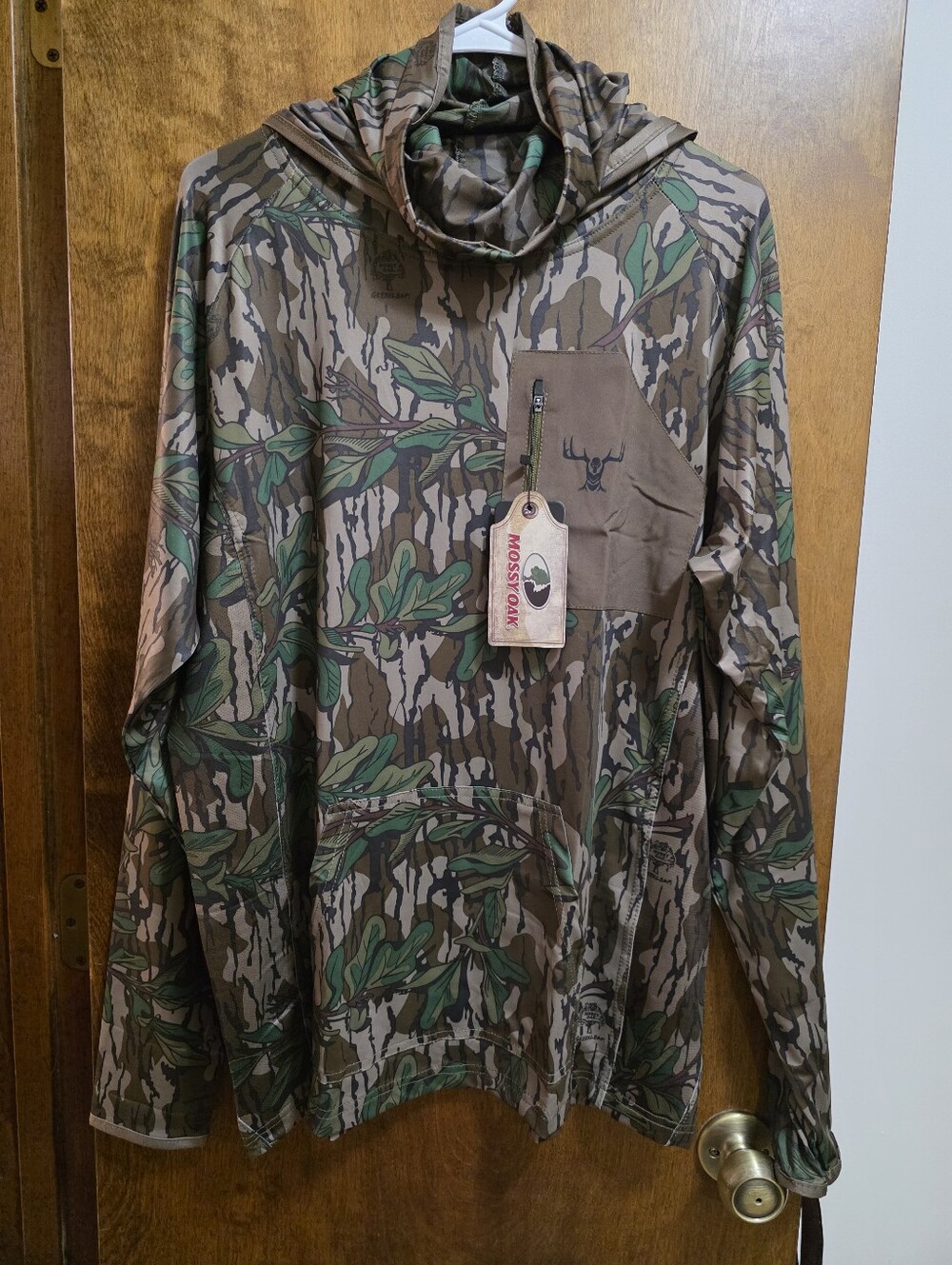 Mossy Oak Men’s Brown Green Camouflage Hooded And Gator Neck Shirt L & XL